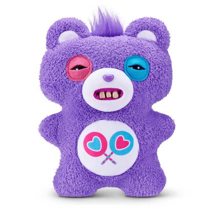 Fuggler x Care Bears Share Bear plush, a purple bear with human-like teeth, mismatched eyes, and a lollipop belly badge.