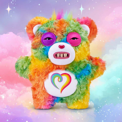 Fuggler x Care Bears Togetherness Bear plush on a pastel clouds background
