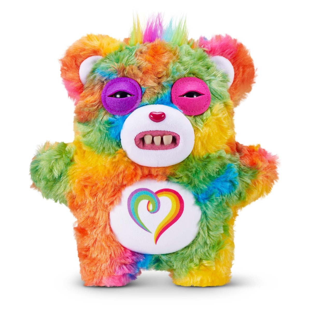 Fuggler x Care Bears Togetherness Bear plush, a rainbow tie-dye bear with human-like teeth, purple eyelids, and a rainbow heart belly badge.