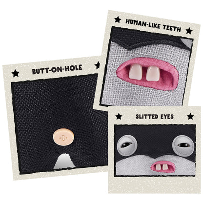 A collage of three close-up images showing the Batman Fuggler's details: his human-like teeth, slitted eyes, and the signature "Butt-on-Hole" on the back.