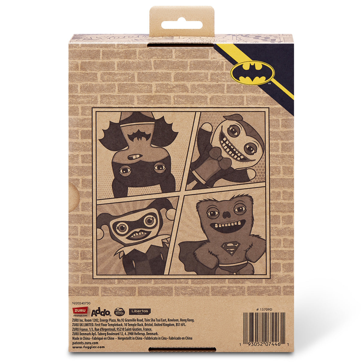 The back of the Fuggler x DC packaging featuring comic-book style illustrations of the Batman, Joker, Harley Quinn, and Superman monsters.