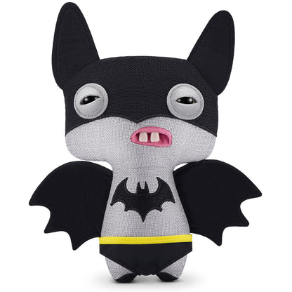 A product shot of the Fuggler x DC Batman 9-Inch plush toy, featuring grey burlap skin, a black cowl and cape, and a mouth full of human-like teeth.