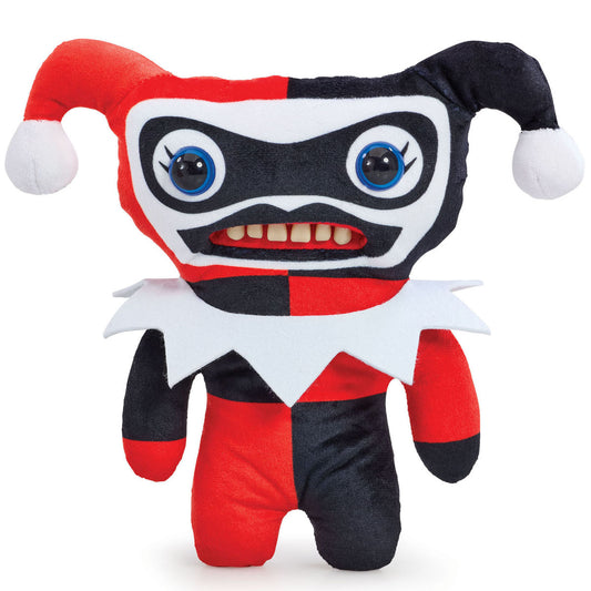A product shot of the Fuggler x DC Harley Quinn 9-Inch plush toy, featuring a red and black jester costume and mask, with a wide toothy grin.