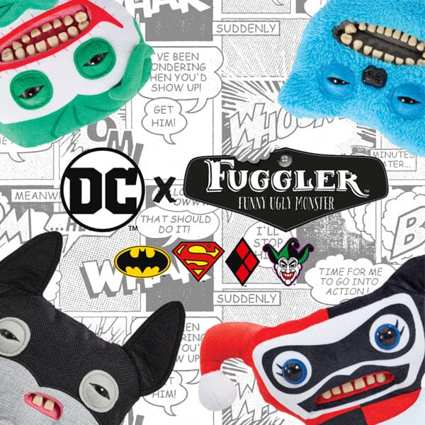 A promotional graphic showing close-ups of the four DC Fugglers: The Joker, Superman, Batman, and Harley Quinn against a comic book background.