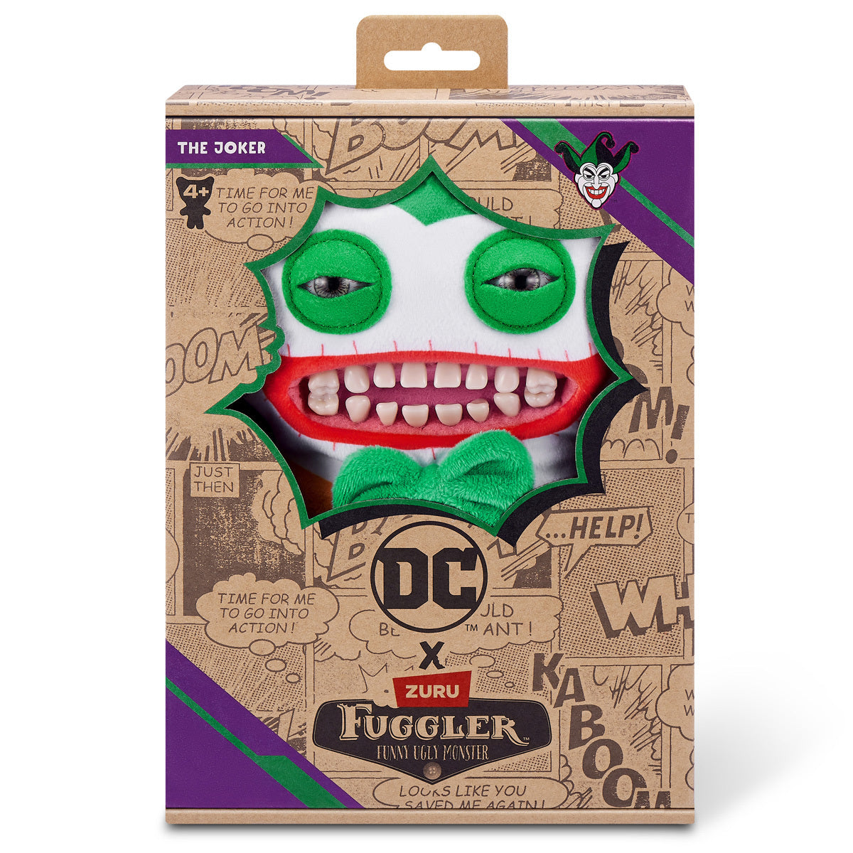 The Fuggler x DC The Joker plush inside its collector box, featuring comic book style graphics and the DC logo.