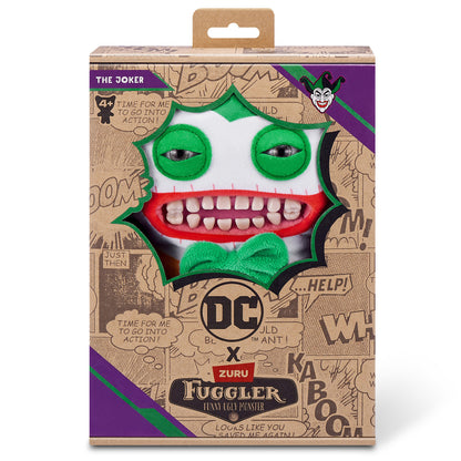 The Fuggler x DC The Joker plush inside its collector box, featuring comic book style graphics and the DC logo.