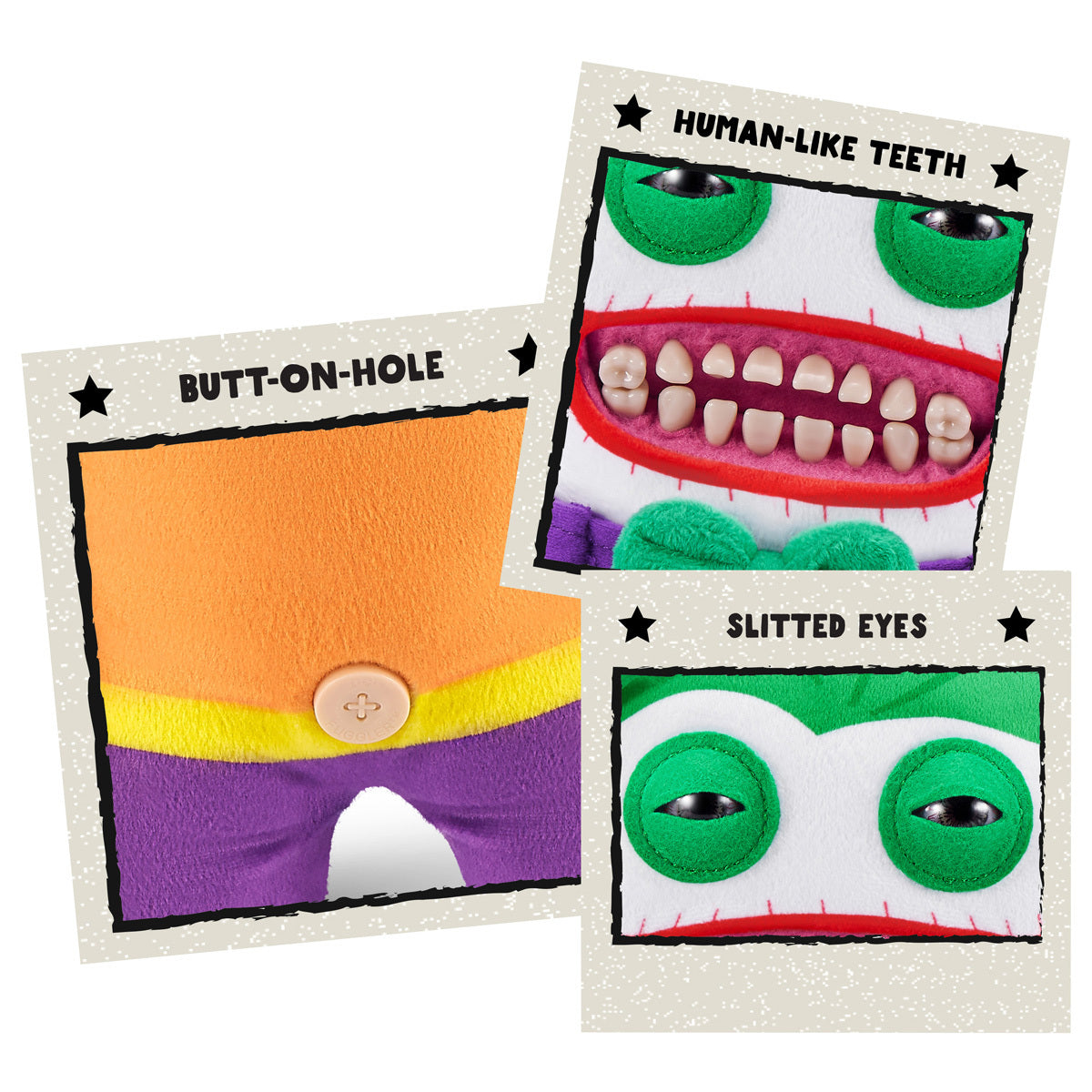 A collage of three close-up images showing The Joker Fuggler's details: his human-like teeth, slitted eyes, and the signature "Butt-on-Hole" on the back.