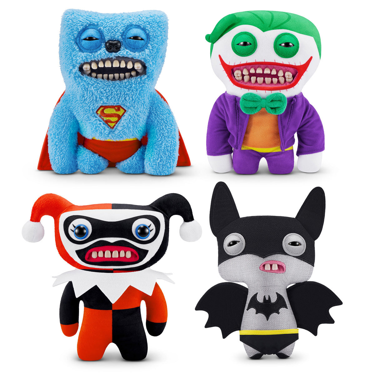 A group shot of the Fuggler x DC collection featuring Superman, Batman, The Joker, and Harley Quinn plush toys.