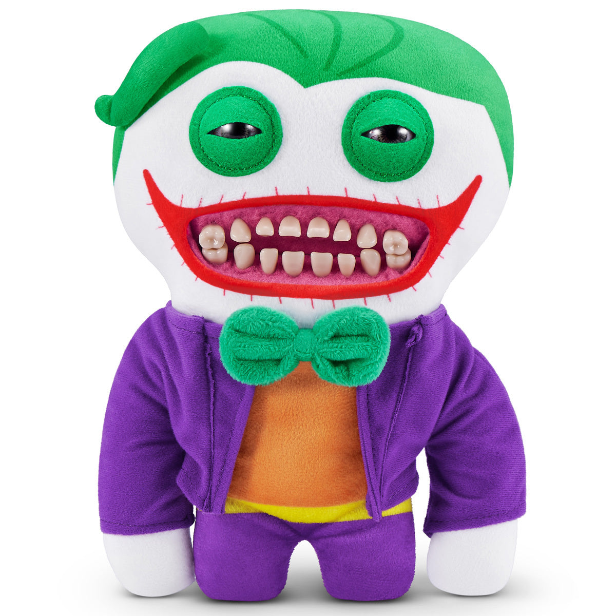 A product shot of the Fuggler x DC The Joker 9-Inch plush toy, featuring white fur, green hair, and a purple suit, with a wide grin full of human-like teeth.