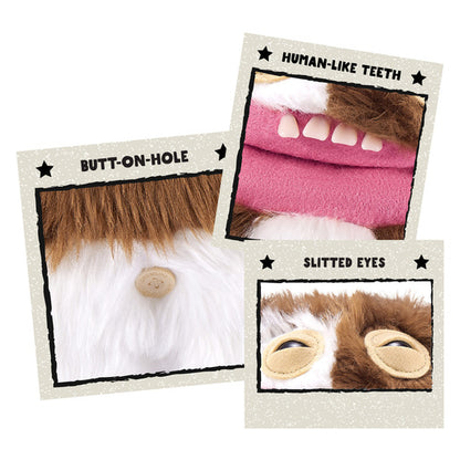 Three cards showing different features of a plush toy with text labels.