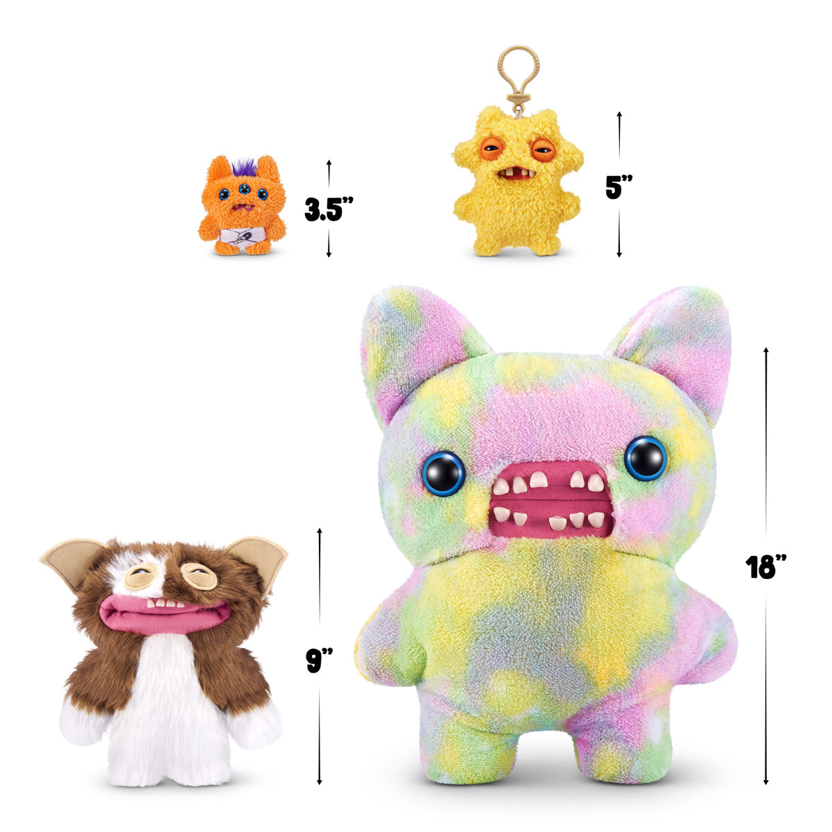 Set of colorful plush toys with measurements on a white background