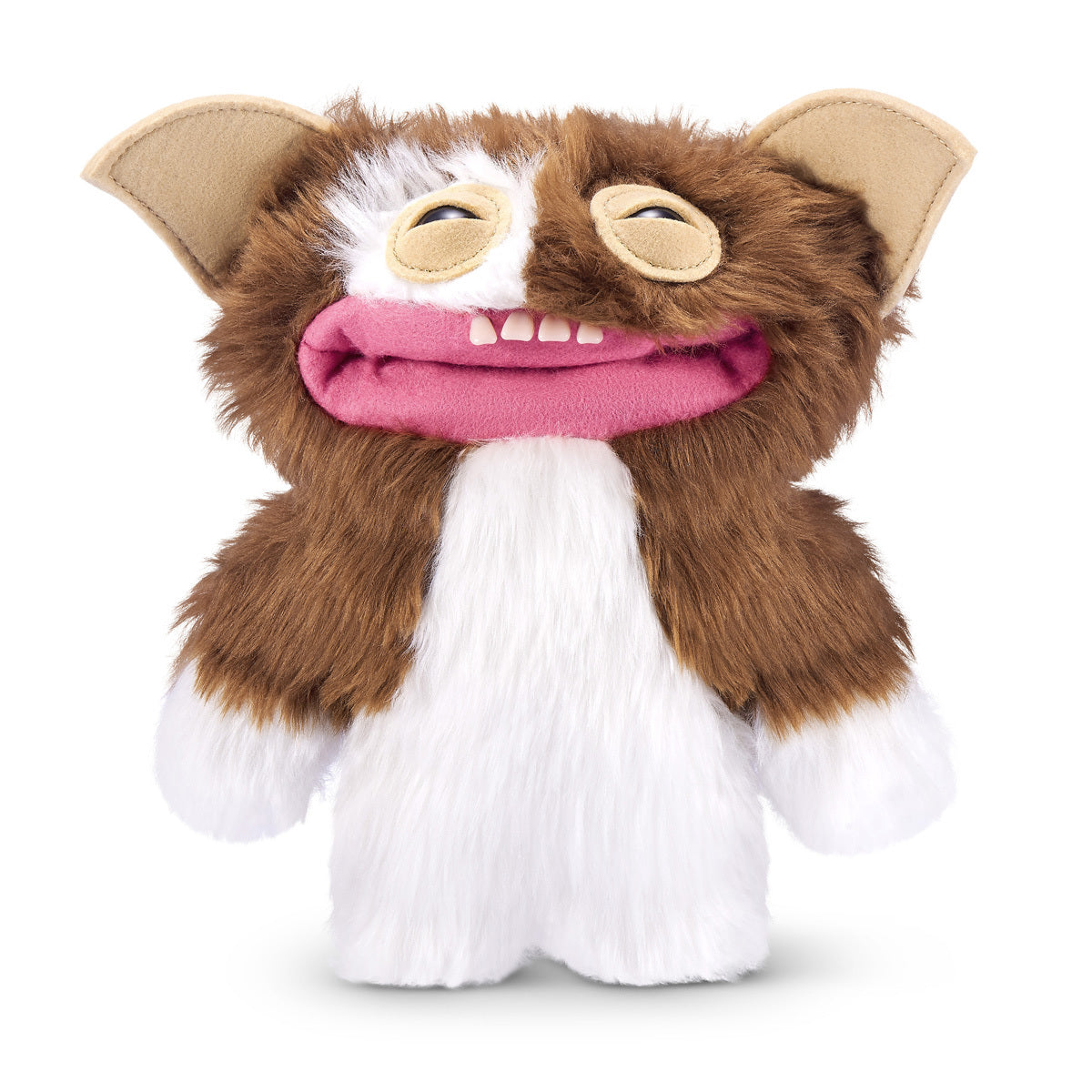 Fuggler x Gremlins Gizmo plush, featuring a furry brown and white monster with human-like teeth.