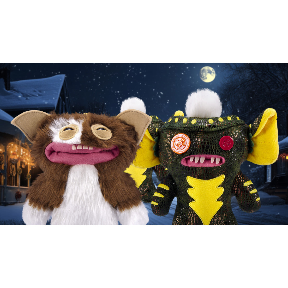 Two plush toys resembling characters from a movie or TV show, with a festive background.