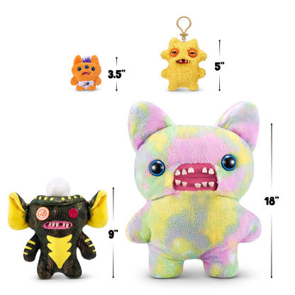 Set of colorful plush toys with measurements on a white background