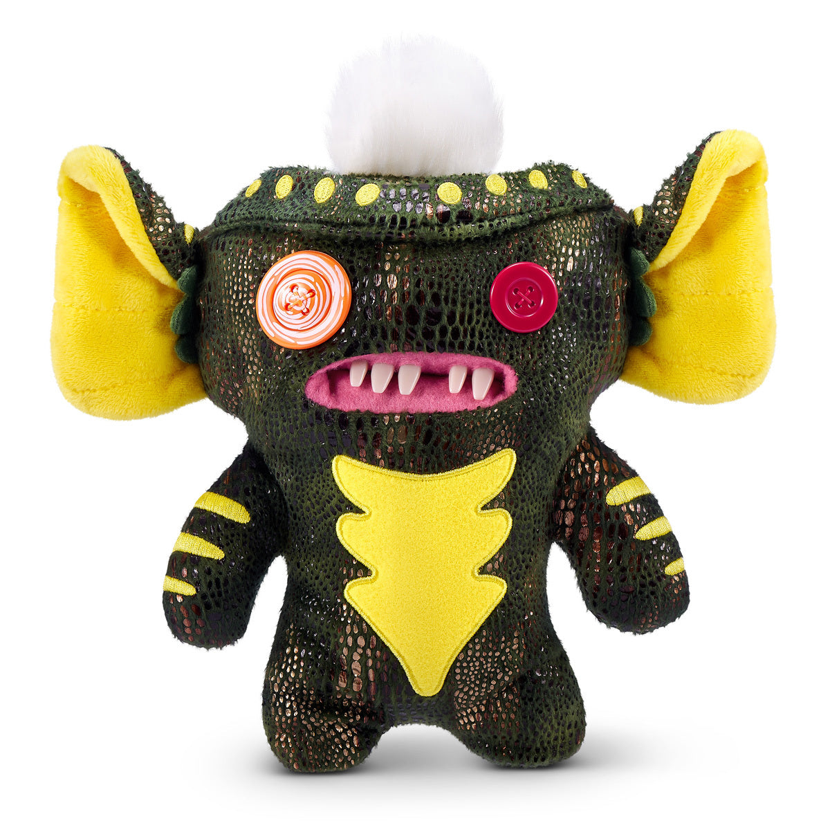 Fuggler x Gremlins Stripe plush, featuring a green scaly monster with a white mohawk and human-like teeth.