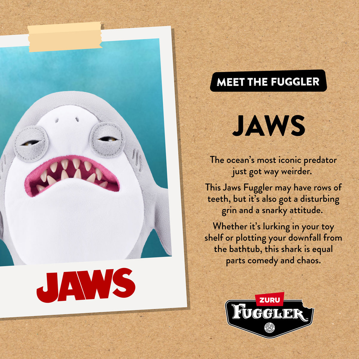A promotional Polaroid-style graphic introducing "JAWS," describing him as the ocean's most iconic predator who just got way weirder.