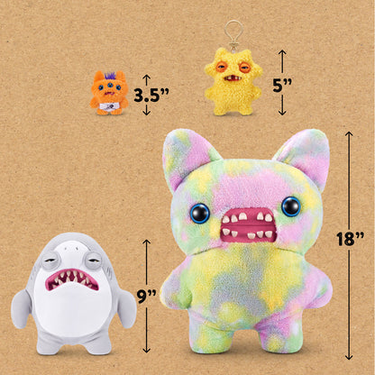 A product photo of the Jaws Fuggler plush with a scale indicator showing the toy's height is 9 inches, alongside other Fuggler sizes for comparison.
