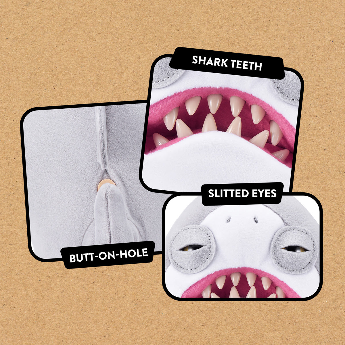 A collage of three close-up images showing the Jaws Fuggler's details: his human "shark" teeth, slitted eyes, and the signature "Butt-on-Hole" on the back.