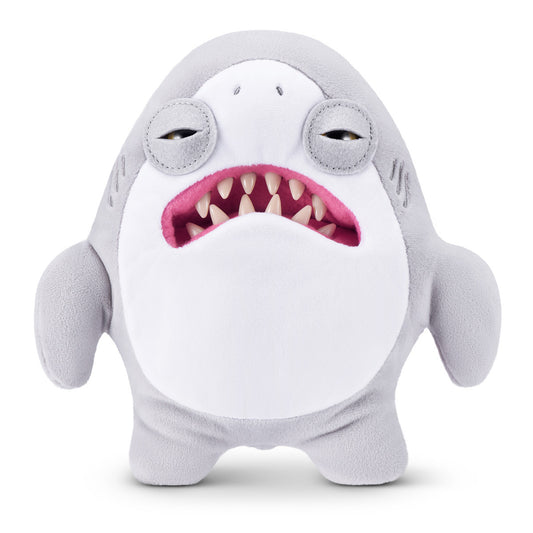 A product shot of the Fuggler x Jaws 9-Inch plush toy, a grey shark with wild eyes and a mouth full of human-like teeth instead of shark teeth.