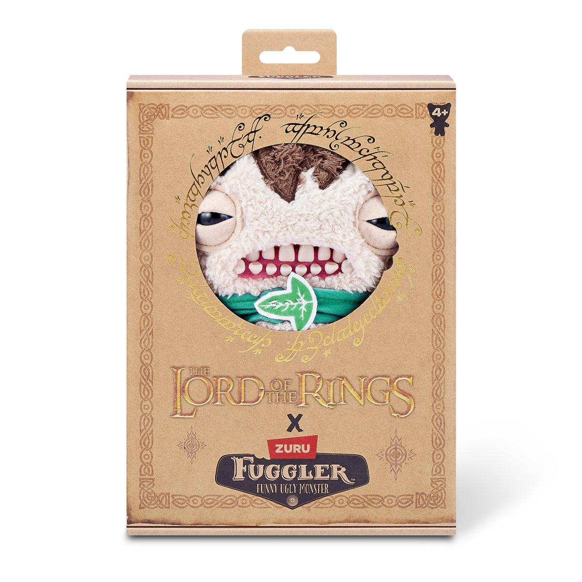 The Fuggler x Lord of the Rings Frodo plush inside its collector box, featuring the gold Elven script and Lord of the Rings logo.