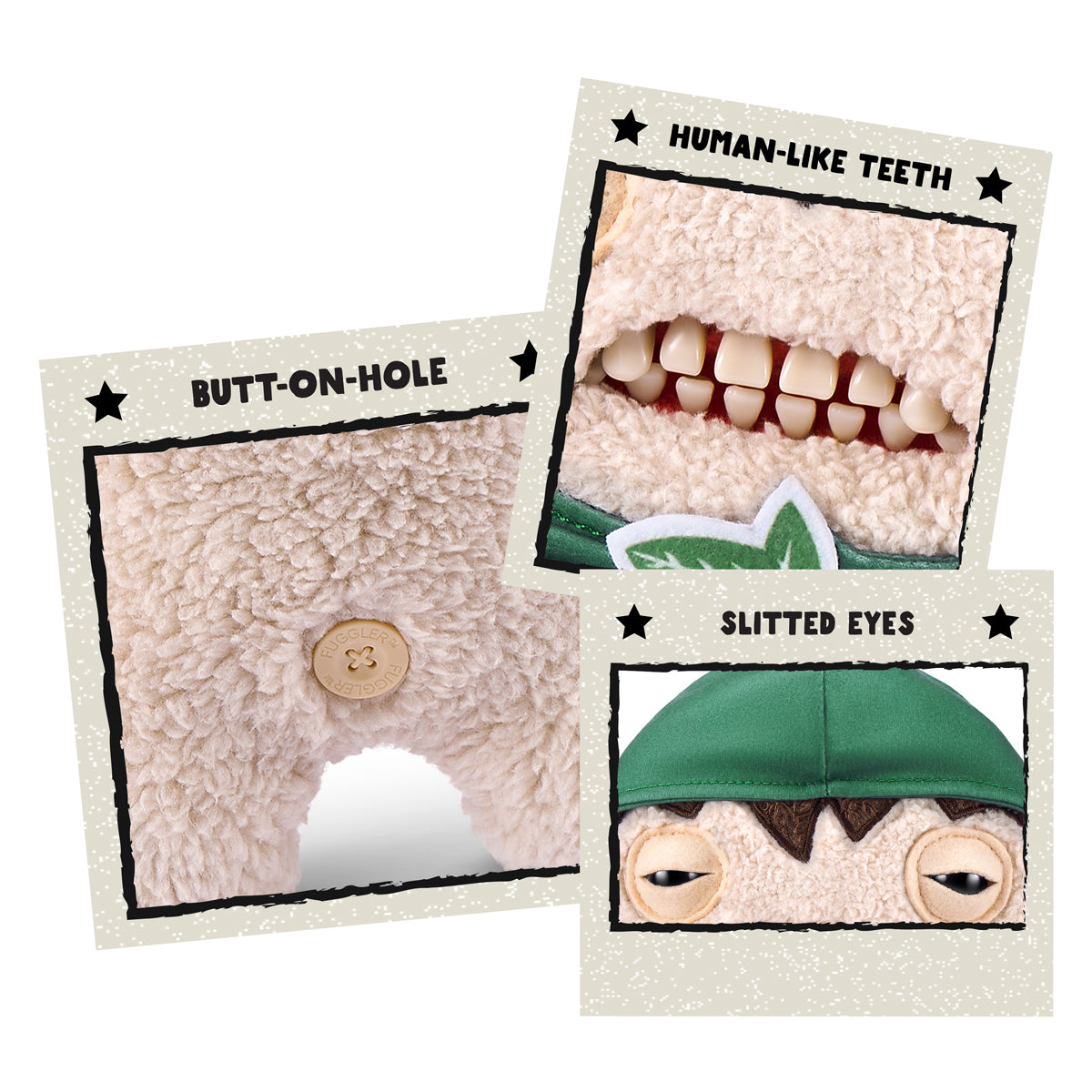 A collage of three close-up images showing Frodo's details: his human-like teeth, slitted eyes, and the signature "Butt-on-Hole" on the back.