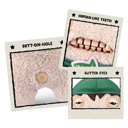 A collage of three close-up images showing Frodo's details: his human-like teeth, slitted eyes, and the signature "Butt-on-Hole" on the back.