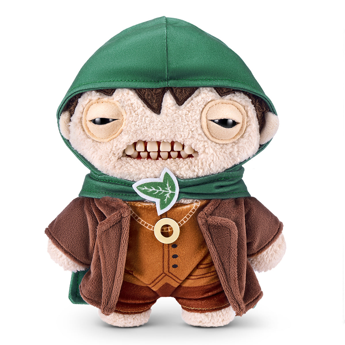 A product shot of the Fuggler x Lord of the Rings Frodo Baggins 9-Inch plush toy, wearing a green hooded Elven cloak and the One Ring necklace.