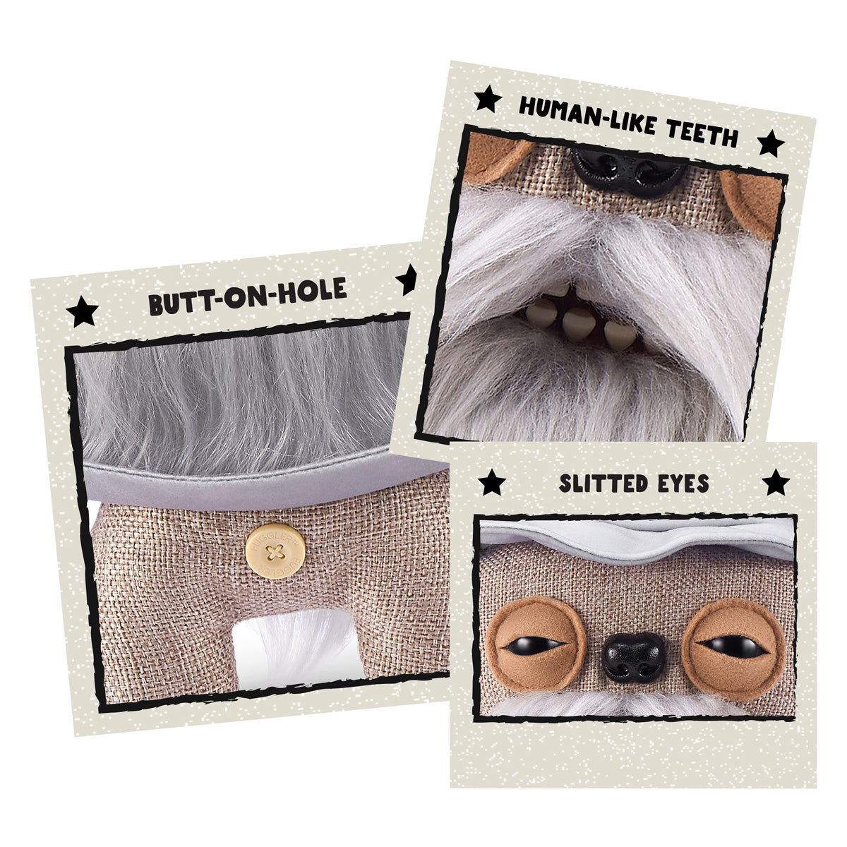 A collage of three close-up images showing the Gandalf Fuggler's details: his human-like teeth, slit eyes, and the signature "Butt-on-Hole" on the back.