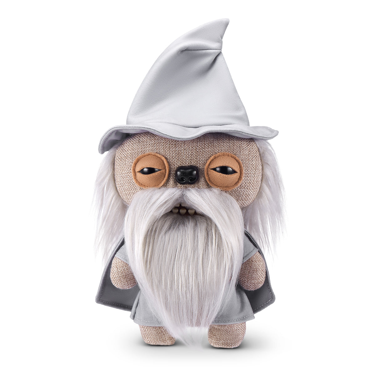 A product shot of the Fuggler x Lord of the Rings Gandalf 9-Inch plush toy, featuring a grey wizard hat, a long white fuzzy beard, and a mouth with human-like teeth.