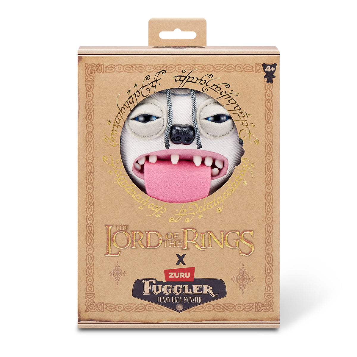 The Fuggler x Lord of the Rings Gollum plush inside its collector box, featuring the gold Elven script and Lord of the Rings logo.
