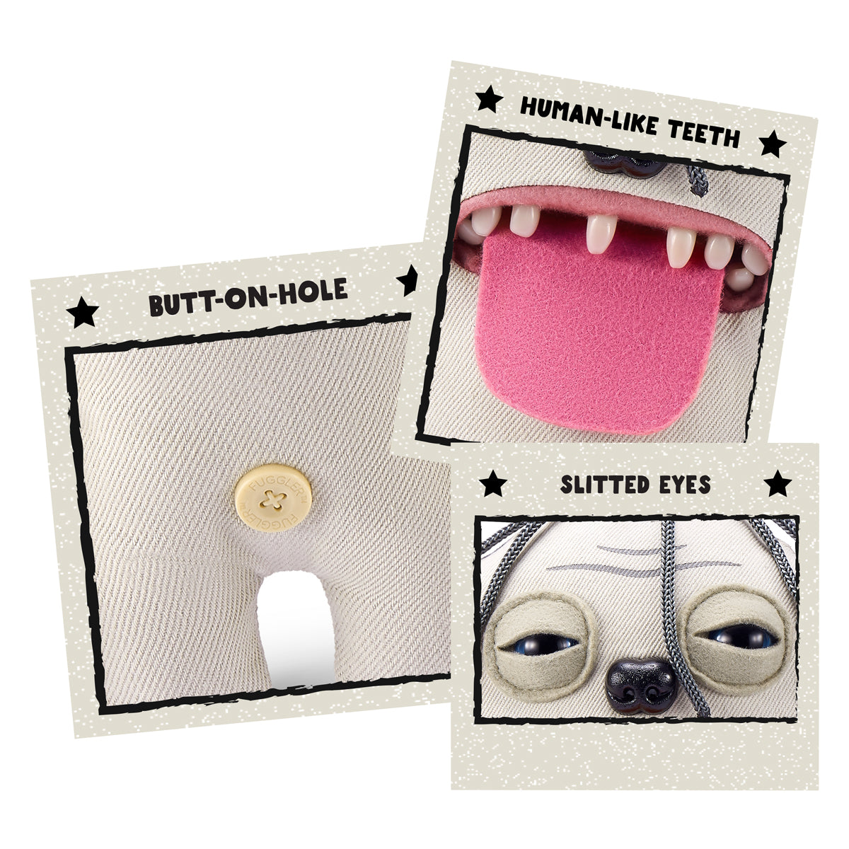 A collage of three close-up images showing Gollum's details: his human-like teeth with a long pink tongue, his slitted eyes, and the signature "Butt-on-Hole" on the back.