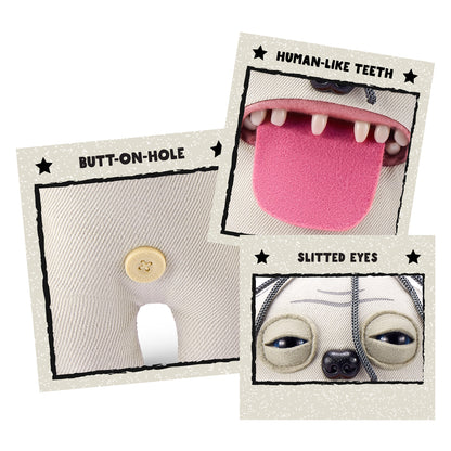 A collage of three close-up images showing Gollum's details: his human-like teeth with a long pink tongue, his slitted eyes, and the signature "Butt-on-Hole" on the back.