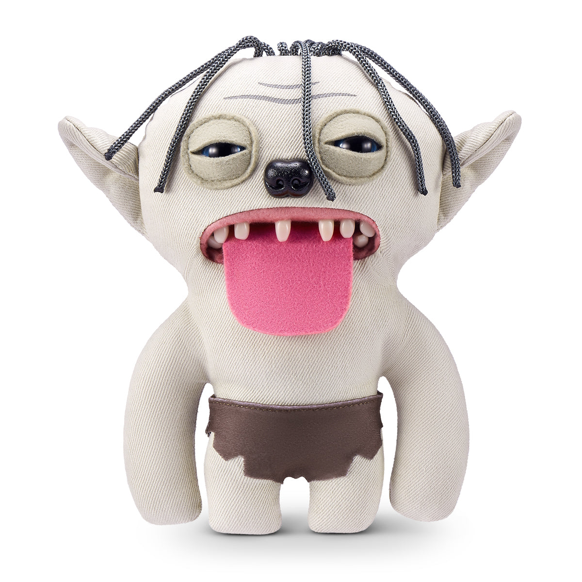 A product shot of the Fuggler x Lord of the Rings Gollum 9-Inch plush toy, featuring a beige body, long pink tongue, and exposed human-like teeth on a white background.