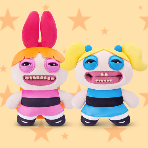 Fuggler x Powerpuff Girls Blossom plush and Bubbles on a yellow star background