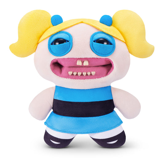 Fuggler x Powerpuff Girls Bubbles plush, a blue doll with blonde pigtails, human-like teeth, and tired blue eyes.