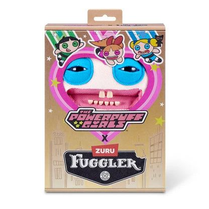 The Fuggler x Powerpuff Girls Bubbles plush toy displayed in its collector box.
