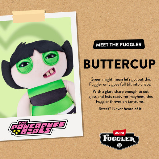 Fuggler Buttercup toy with description on a brown background