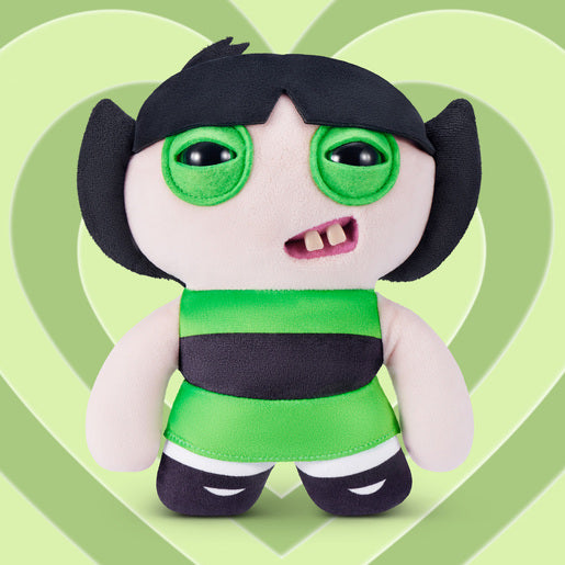 Fuggler x Powerpuff Girls Buttercup plush on a heart-shaped green background
