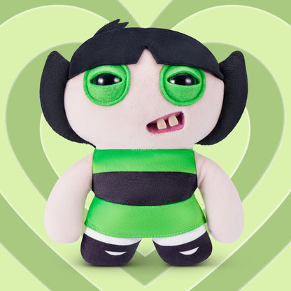 Fuggler x Powerpuff Girls Buttercup plush on a heart-shaped green background