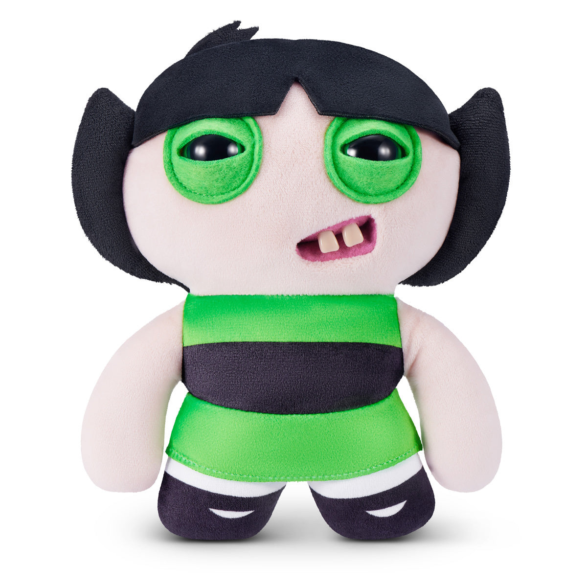 Fuggler x Powerpuff Girls Buttercup plush, a green doll with human-like teeth, large green eyes, and a rebellious expression.