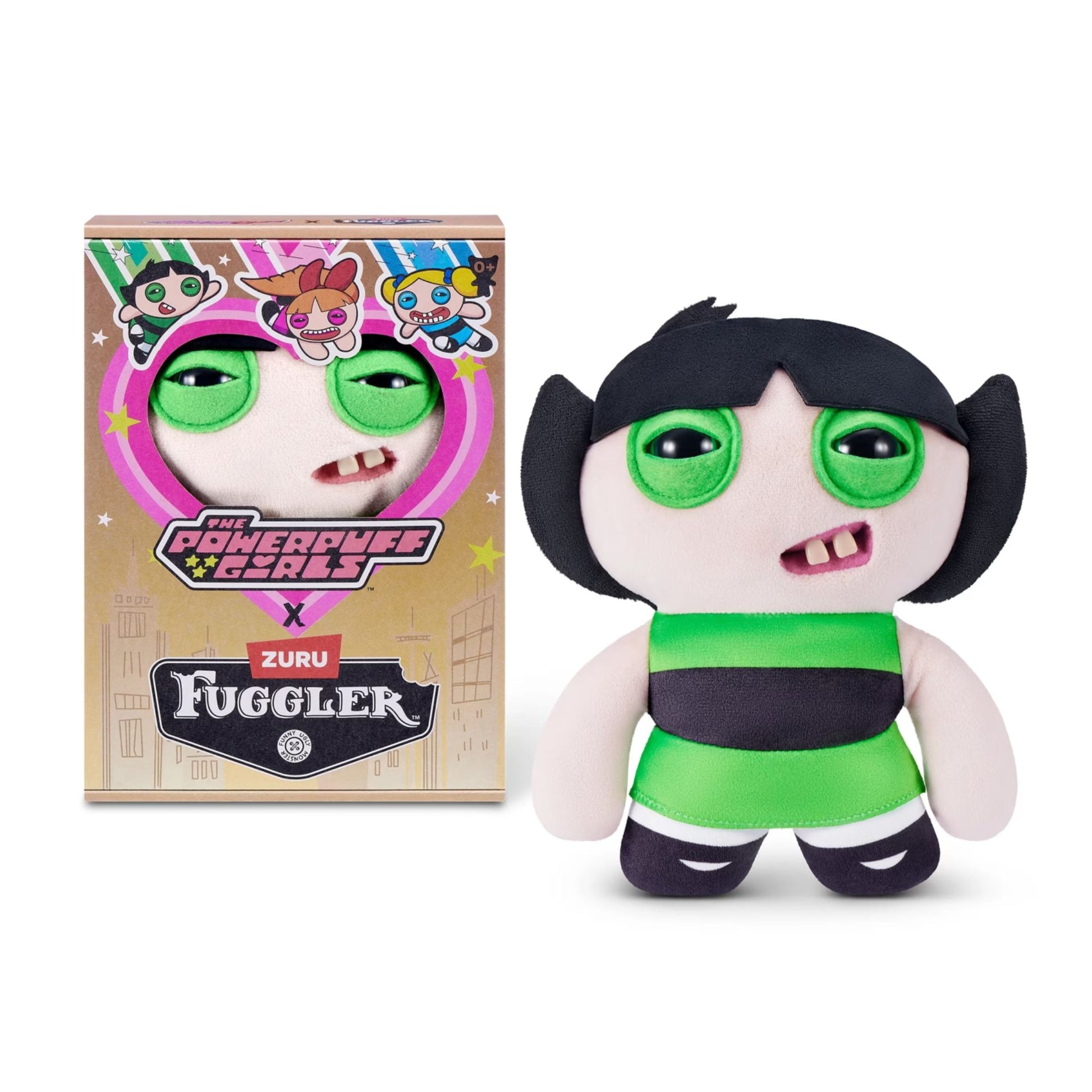 The Fuggler x Powerpuff Girls Buttercup plush inside its collector box, featuring cartoon graphics of the trio and the Fuggler logo.