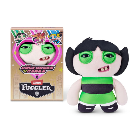 The Fuggler x Powerpuff Girls Buttercup plush inside its collector box, featuring cartoon graphics of the trio and the Fuggler logo.