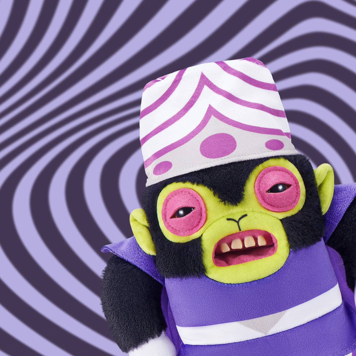 Fuggler x Powerpuff Girls Mojo Jojo plush on a purple background