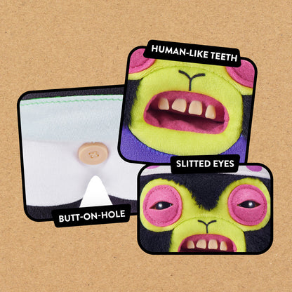 Close up of features for Fuggler x Powerpuff Girls Mojo Jojo plush