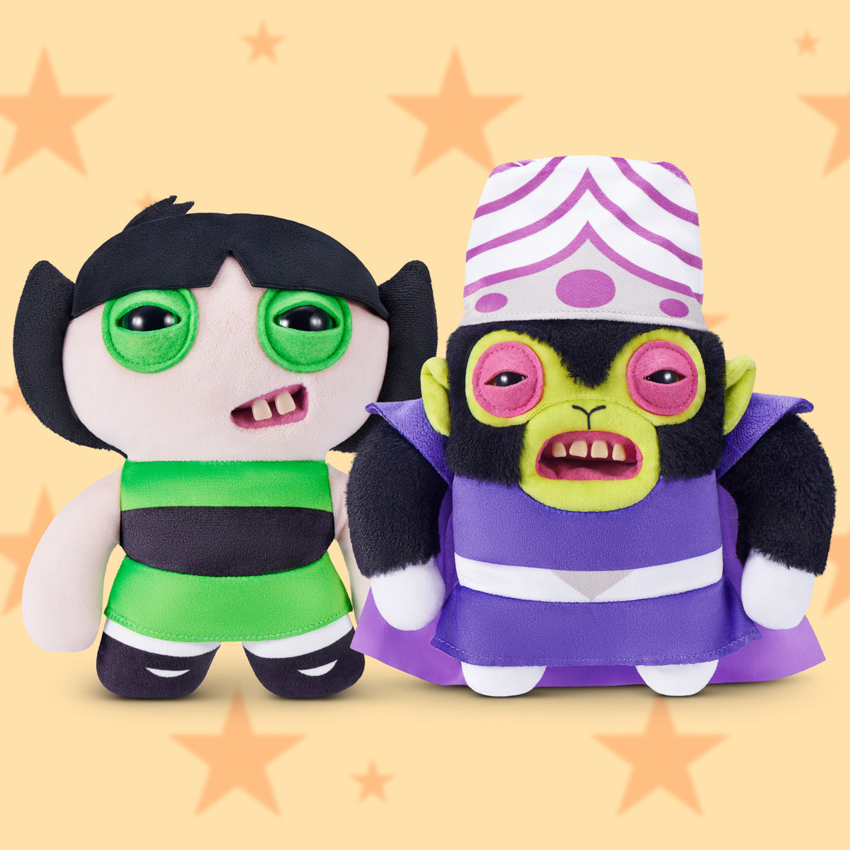 Fuggler x Powerpuff Girls Mojo Jojo plush and Buttercup on a yellow star background
