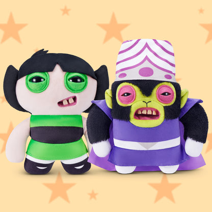 Fuggler x Powerpuff Girls Mojo Jojo plush and Buttercup on a yellow star background
