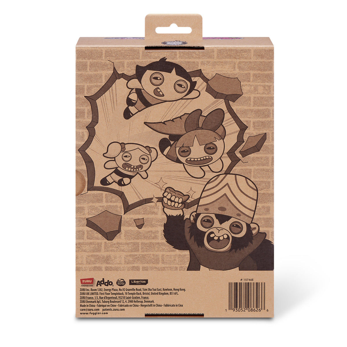 Back of Fuggler x Powerpuff Girls Mojo Jojo plush display box