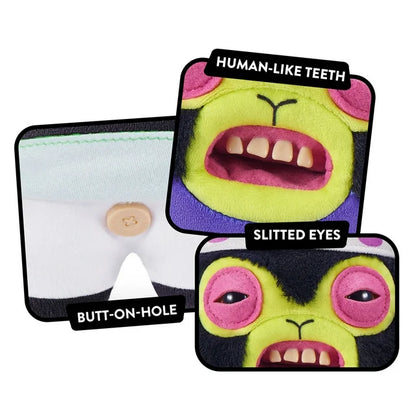 The Fuggler x Powerpuff Girls Mojo Jojo plush toy Close Up of features - human=like teeth-slitted eyes