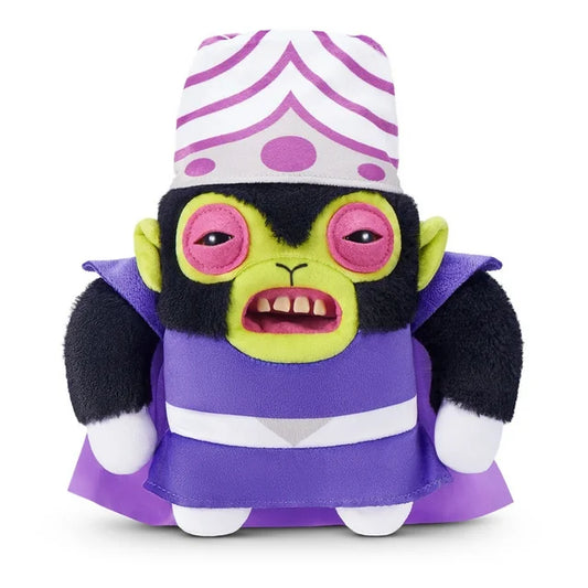 Fuggler x Powerpuff Girls Mojo Jojo plush, a green monkey villain with a large brain helmet, purple cape, human-like teeth, and tired pink eyes.