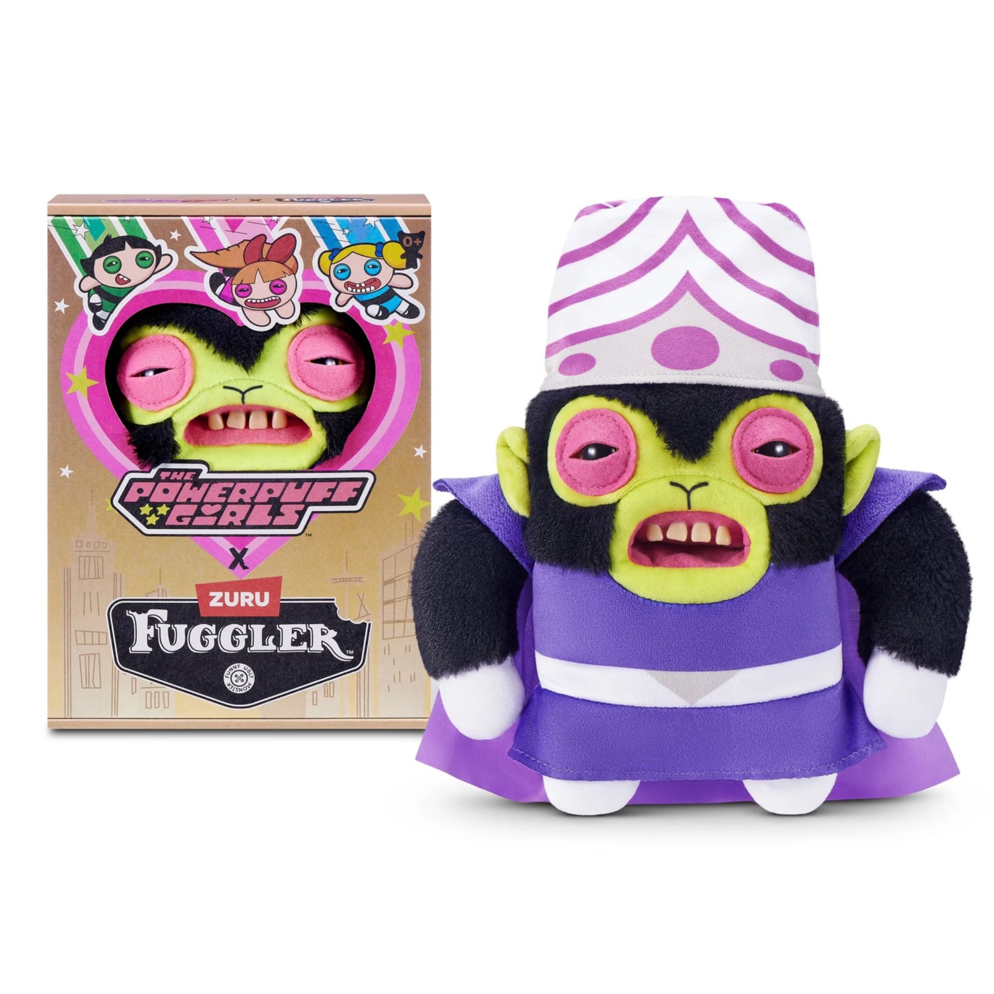The Fuggler x Powerpuff Girls Mojo Jojo plush toy displayed next to its collector box, featuring a monkey face, brain helmet, and purple cape.
